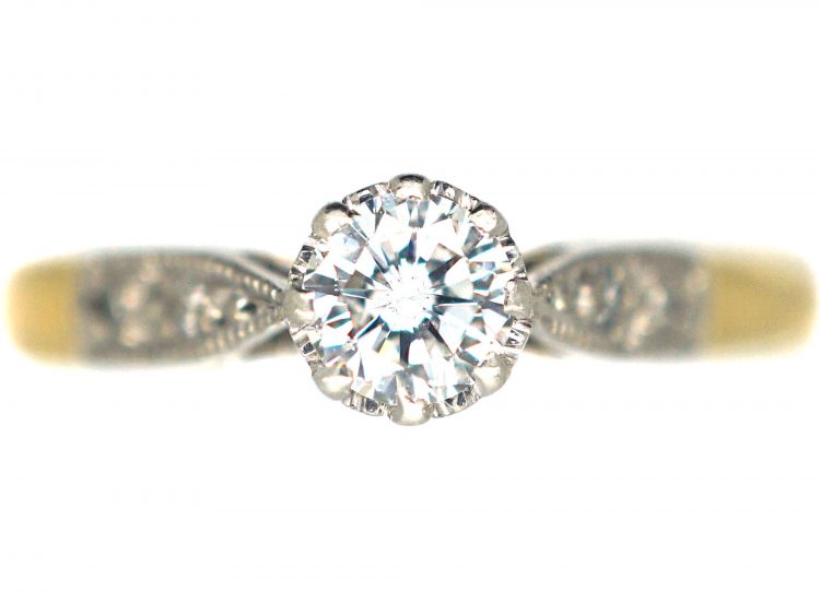 Art Deco 18ct Gold & Platinum, Diamond Solitaire Ring with Diamond Set Shoulders