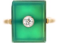 Art Deco Green Chalcedony & Diamond Rectangular Ring