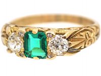 Victorian Carved Half Hoop Ring set with an Emerald & Diamonds