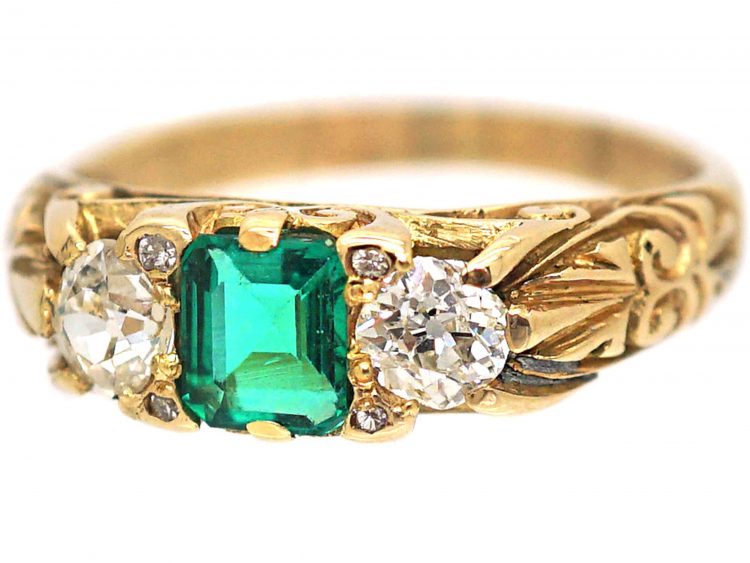 Victorian Carved Half Hoop Ring set with an Emerald & Diamonds