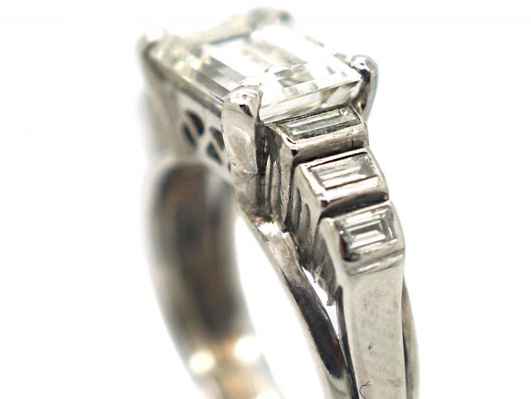 French Art Deco 18ct White Gold, East-West Emerald Cut Diamond Seven Stone Ring