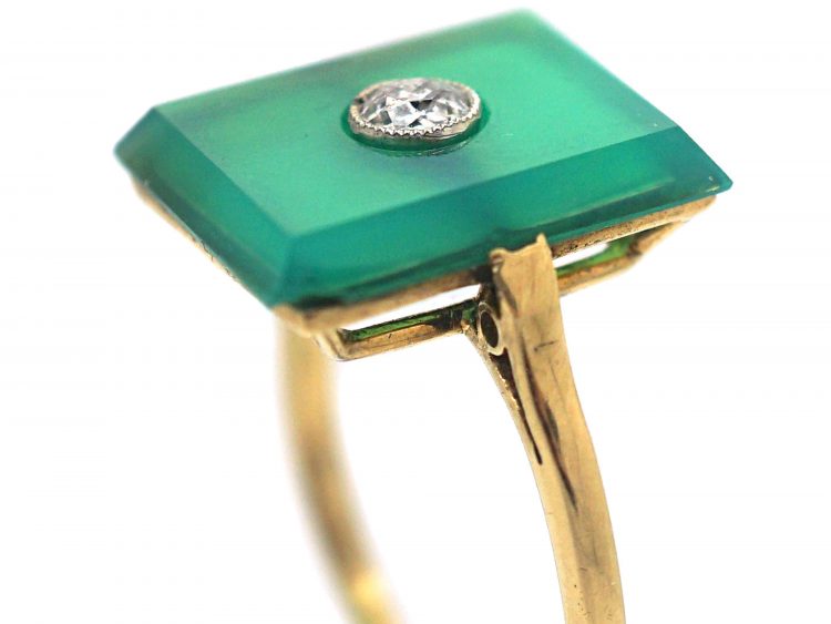 Art Deco Green Chalcedony & Diamond Rectangular Ring
