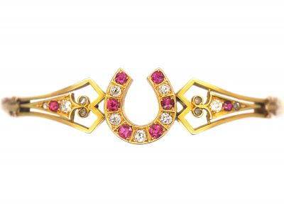 Victorian 15ct Gold, Ruby & Diamond Bangle with Horseshoe Motif