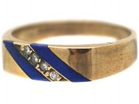 9ct Gold Stripy Blue Enamel & Diamond Ring