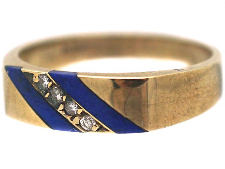 9ct Gold Stripy Blue Enamel & Diamond Ring