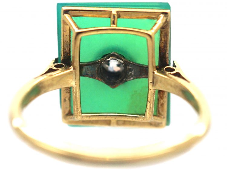Art Deco Green Chalcedony & Diamond Rectangular Ring