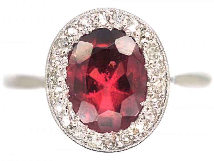Art Deco Platinum, Almandine Garnet & Diamond Oval Cluster Ring
