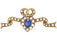 Edwardian 15ct Gold Ribbon & Heart Brooch with Crown set with a Sapphire, Diamonds & Split Pearls Brooch