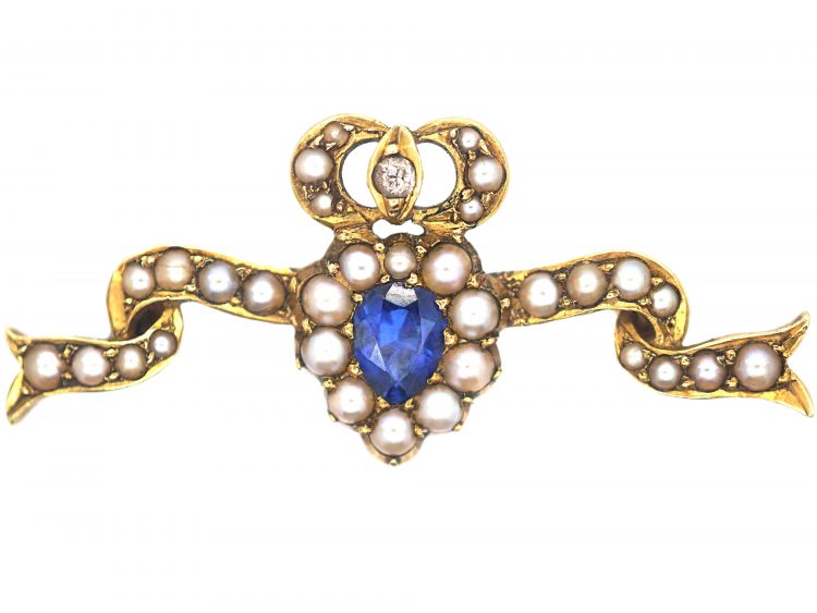 Edwardian 15ct Gold Ribbon & Heart Brooch with Crown set with a Sapphire, Diamonds & Split Pearls Brooch