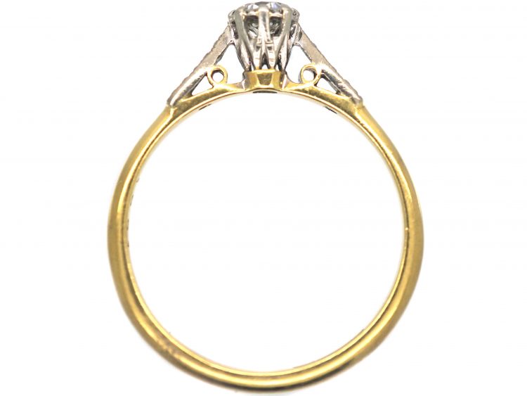 Art Deco 18ct Gold & Platinum, Diamond Solitaire Ring with Diamond Set Shoulders