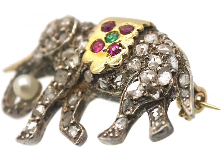 Edwardian Elephant Brooch set with Diamonds, Rubies, an Emerald & a Natural Pearl