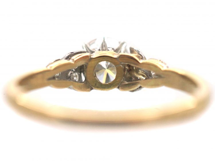 Art Deco 18ct Gold & Platinum, Diamond Solitaire Ring with Diamond Set Leaf Shoulders