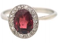 Art Deco Platinum, Almandine Garnet & Diamond Oval Cluster Ring