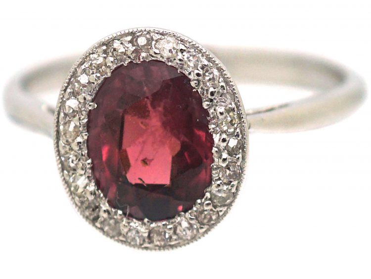 Art Deco Platinum, Almandine Garnet & Diamond Oval Cluster Ring