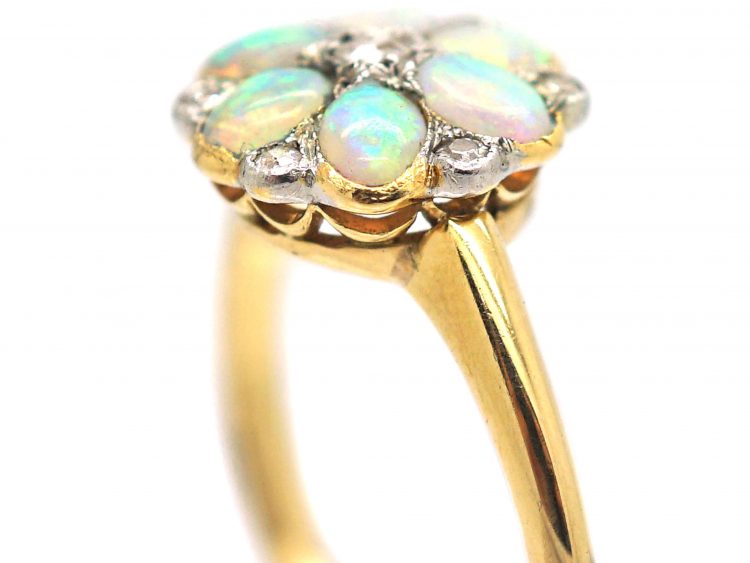 Edwardian 18ct Gold & Platinum, Opal & Diamond Flower Cluster Ring