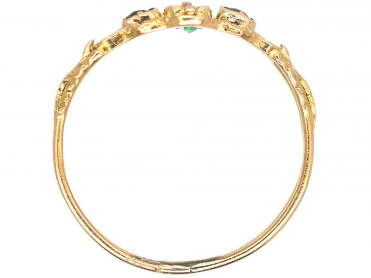 Regency 15ct Gold Emerald & Ruby Three Stone Ring with Ornate gold Decoration
