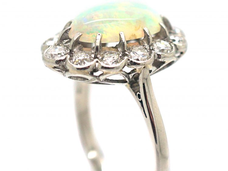 Edwardian Platinum, Opal & Diamond Oval Cluster Ring