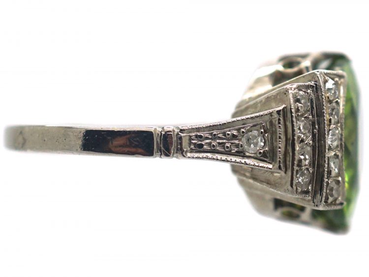 French Art Deco Platinum, Peridot & Diamond Ring