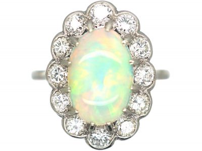 Edwardian Platinum, Opal & Diamond Oval Cluster Ring
