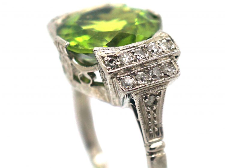 French Art Deco Platinum, Peridot & Diamond Ring