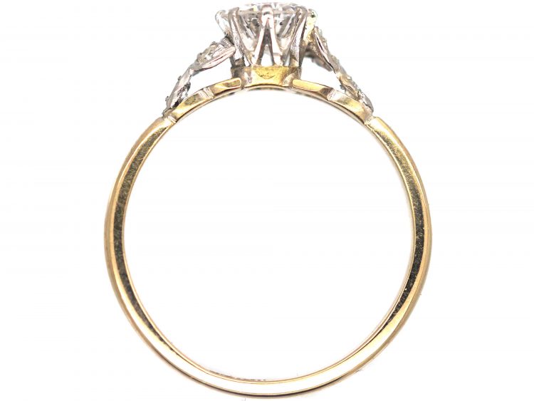 Art Deco 18ct Gold & Platinum, Diamond Solitaire Ring with Diamond Set Leaf Shoulders