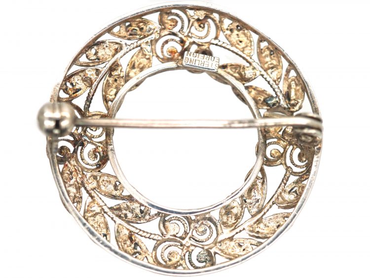 Silver & Marcasite Wreath Brooch with Flowers Motif
