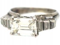 French Art Deco 18ct White Gold, East-West Emerald Cut Diamond Seven Stone Ring