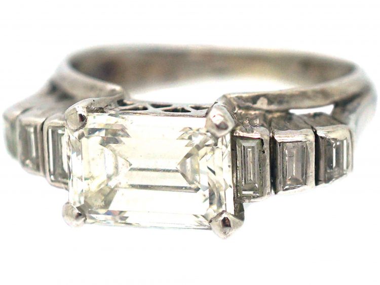 French Art Deco 18ct White Gold, East-West Emerald Cut Diamond Seven Stone Ring