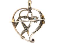 Art Nouveau Witch's Heart Pendant set with an Aquamarine & Diamonds