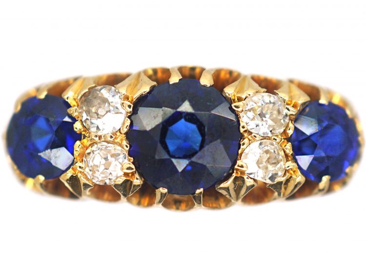 Edwardian 18ct Gold, Three Stone Sapphire & Diamond Ring
