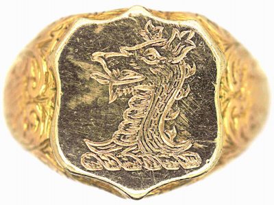 Victorian 18ct Gold Shield Shaped Signet Ring with Engraving of a Dragon