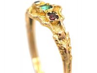 Regency 15ct Gold Emerald & Ruby Three Stone Ring with Ornate gold Decoration