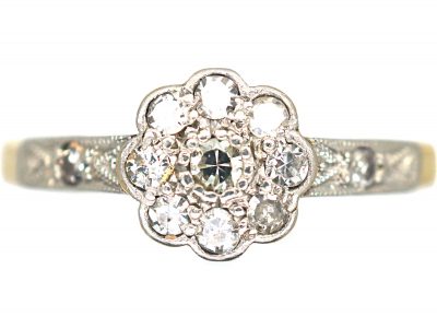 Edwardian 18ct Gold & Platinum Diamond Cluster Ring with Diamond Set Shoulders