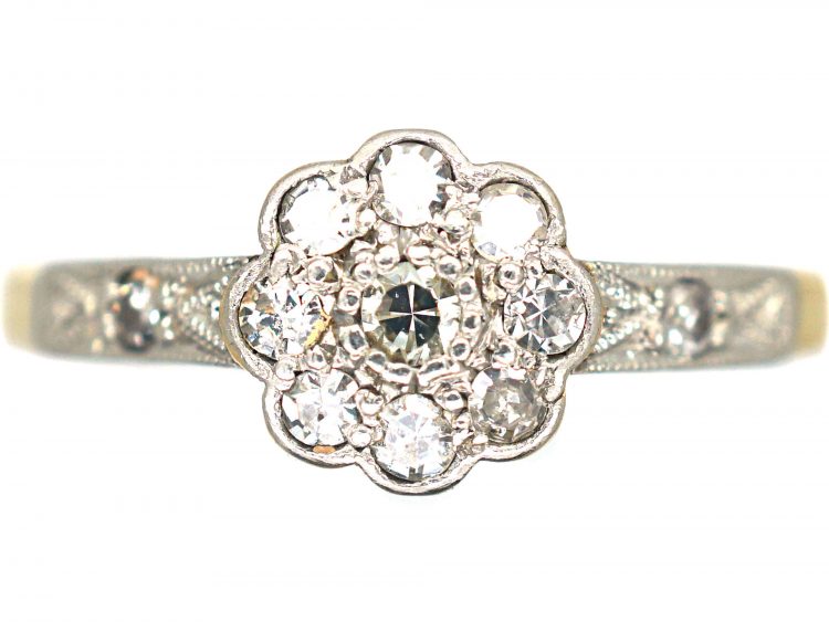 Edwardian 18ct Gold & Platinum Diamond Cluster Ring with Diamond Set Shoulders