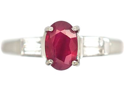 9ct White Gold, Ruby & Diamond Baguette Ring