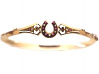 Victorian 15ct Gold, Ruby & Diamond Bangle with Horseshoe Motif