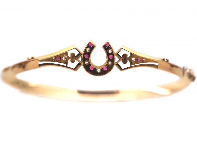 Victorian 15ct Gold, Ruby & Diamond Bangle with Horseshoe Motif