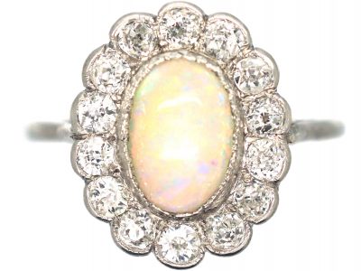 Art Deco Platinum, Opal & Diamond Cluster Ring