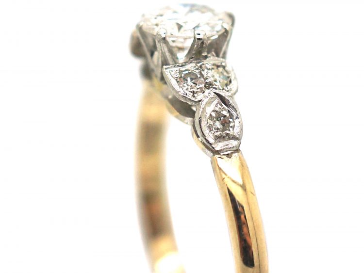 Art Deco 18ct Gold & Platinum, Diamond Solitaire Ring with Diamond Set Leaf Shoulders