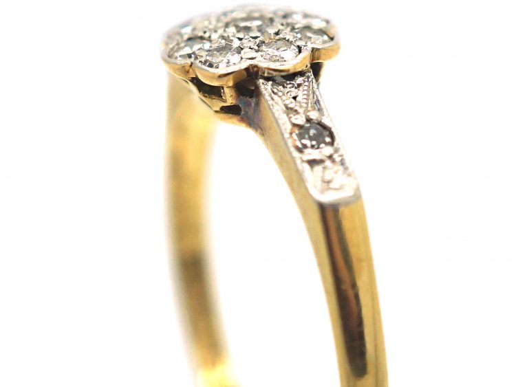 Edwardian 18ct Gold & Platinum Diamond Cluster Ring with Diamond Set Shoulders