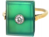 Art Deco Green Chalcedony & Diamond Rectangular Ring