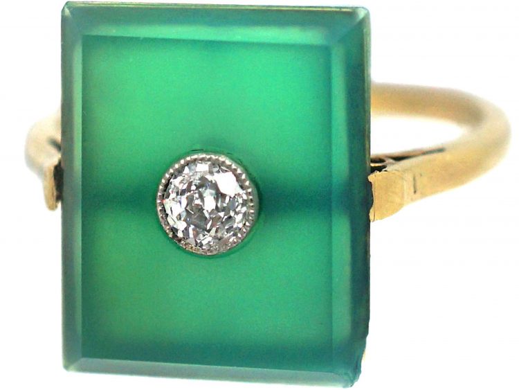Art Deco Green Chalcedony & Diamond Rectangular Ring