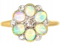 Edwardian 18ct Gold & Platinum, Opal & Diamond Flower Cluster Ring