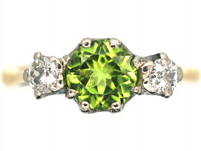 Edwardian 18ct Gold, Peridot & Diamond Three Stone Ring