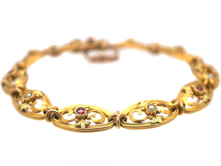 French Belle Epoque Three Colour 18ct Gold Bracelet set with Rubies & Natural Split Pearls