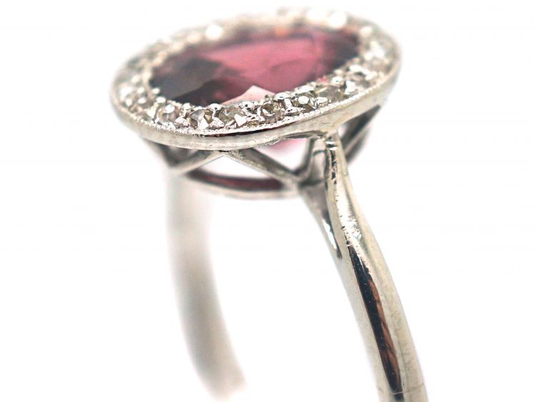 Art Deco Platinum, Almandine Garnet & Diamond Oval Cluster Ring