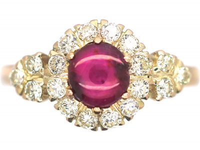18ct Gold, Cabochon Star Ruby & Diamond Cluster Ring