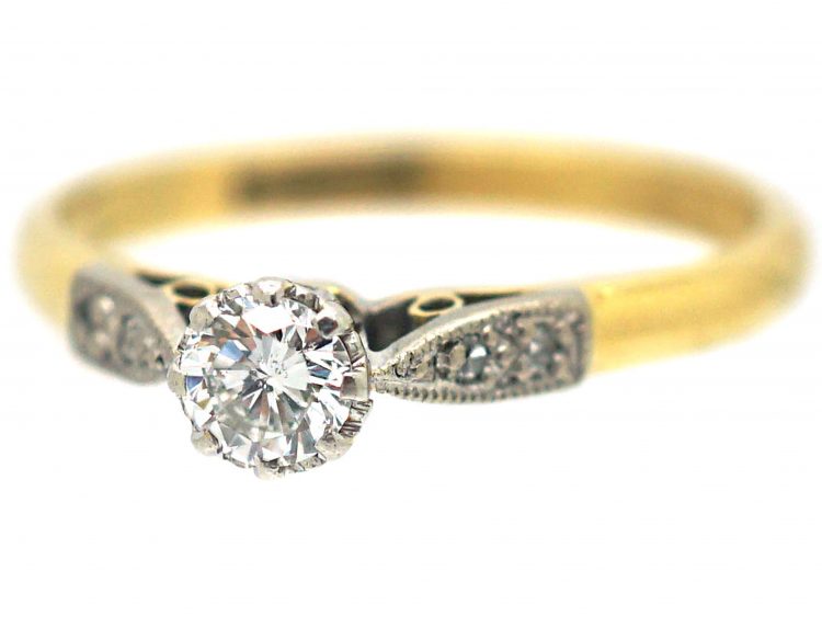 Art Deco 18ct Gold & Platinum, Diamond Solitaire Ring with Diamond Set Shoulders