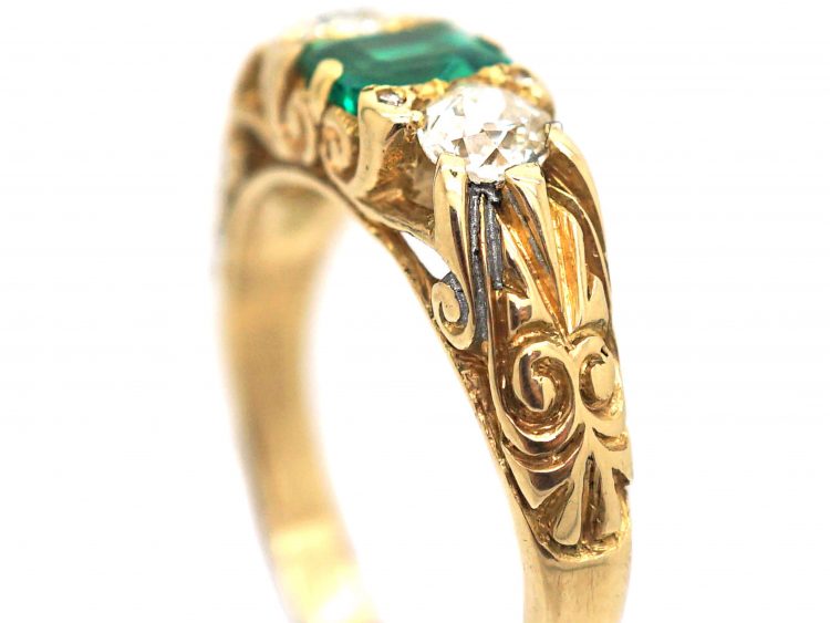 Victorian Carved Half Hoop Ring set with an Emerald & Diamonds