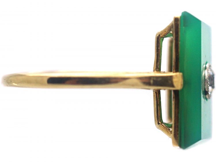 Art Deco Green Chalcedony & Diamond Rectangular Ring